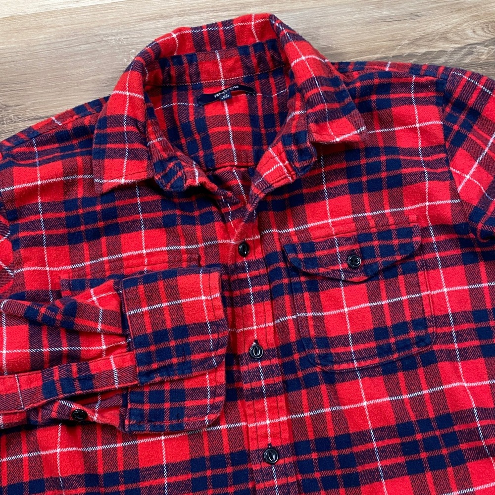 Madewell Flannel Shirt Women XS Heritage Red Navy Plaid Cotton Classic Top E4784